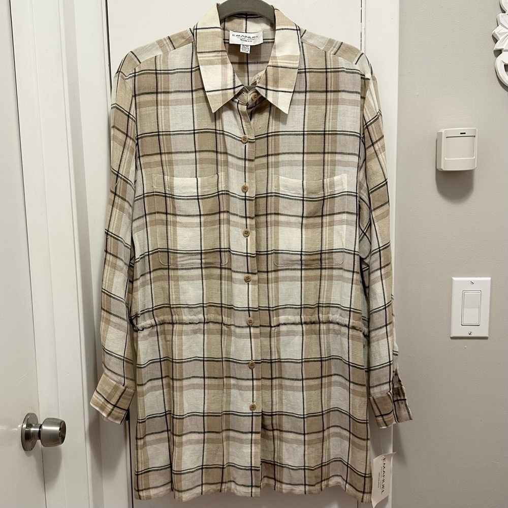 Vintage Emanuel Ungaro Woman Plaid Linen Tunic Shirt Cinch waist Top 16 Gruppo